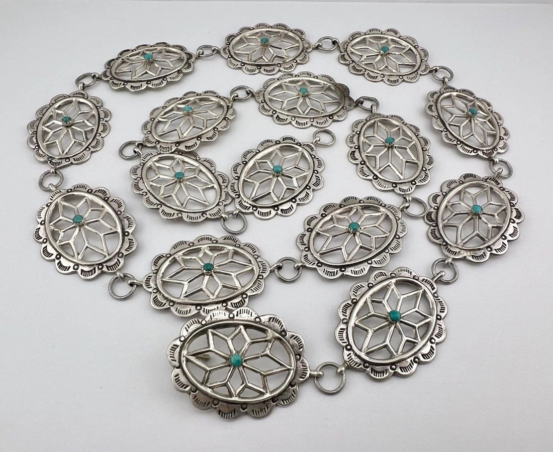 VTG NAVAJO SANDCAST STERLING SILVER STAMPED TURQUOISE CONCHO LINK BELT 36"- 110G (1 of 2)