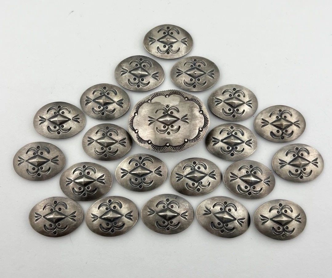 OLD CRZ HERB CORIZ KEWA COIN SILVER DEEP STAMPED REPOUSSÉ OVAL 21 CONCHO BELT: OLD CRZ HERB CORIZ KEWA COIN SILVER DEEP STAMPED REPOUSSÉ OVAL 21 CONCHO BELT Old CRZ Herb Coriz Kewa Coin Silver Deep Stamped Repoussé Oval 21 Concho Belt Buckle Size: 1 5/8" Wide by Just Over 1 1/