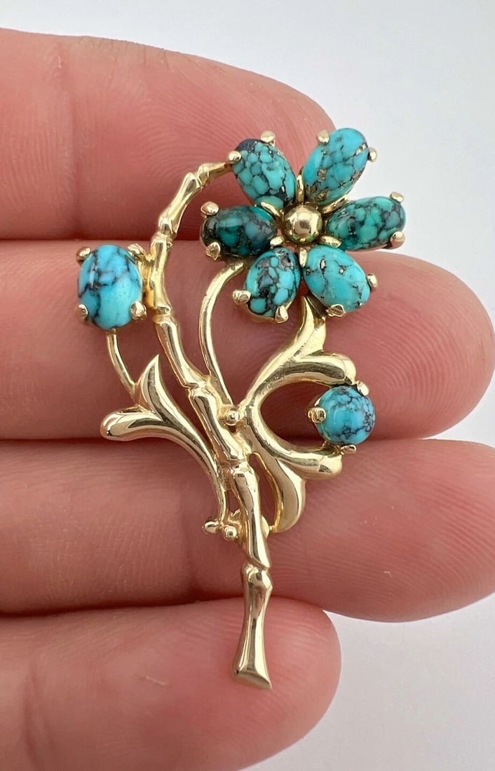 VINTAGE 14K YELLOW GOLD SPIDERWEB TURQUOISE 3D FLOWER SLIDE PENDANT 5.7G: VINTAGE 14K YELLOW GOLD SPIDERWEB TURQUOISE 3D FLOWER SLIDE PENDANT 5.7G Vintage 14K Yellow Gold Spiderweb Turquoise 3D Flower Slide Pendant 5.7g Size: 1 5/8" Tall By 1" Wide Metal: Test Around 14k Ye