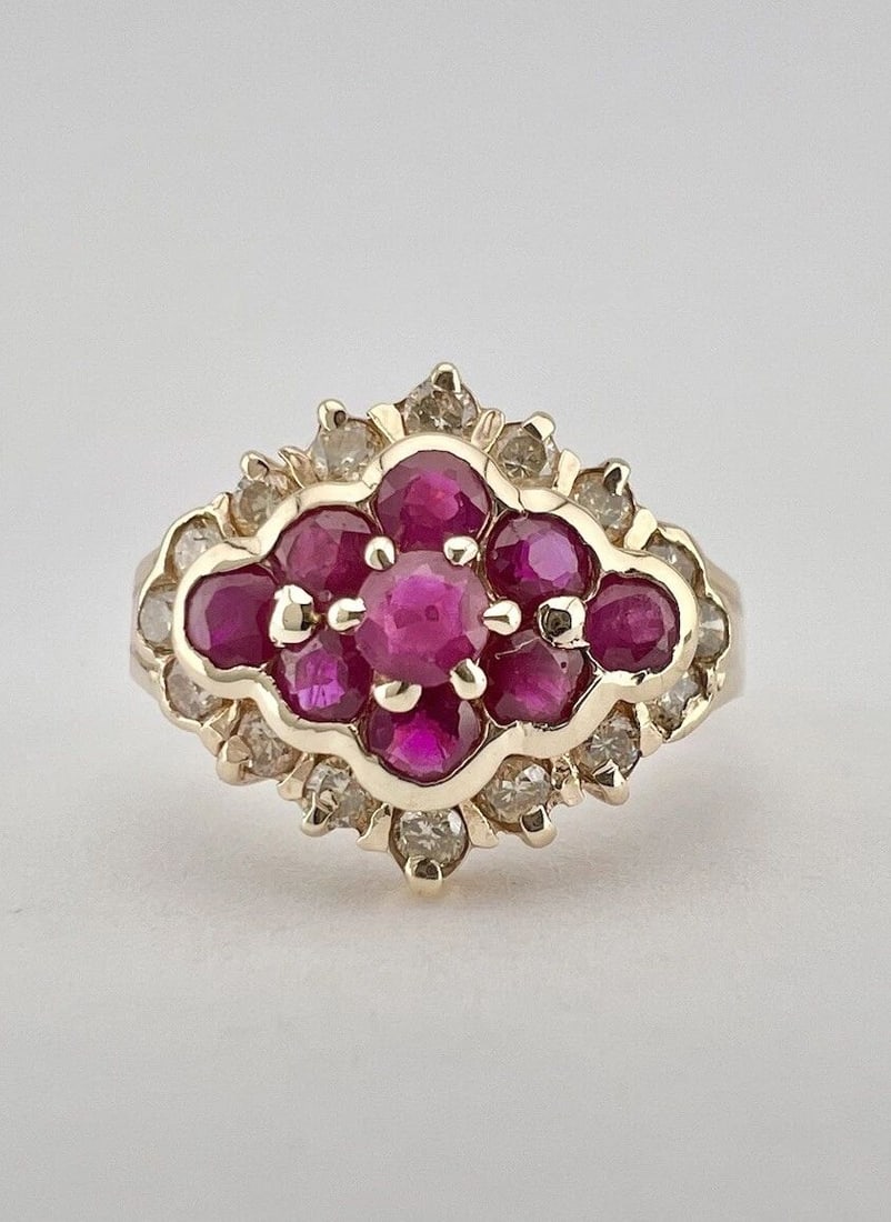DESIGNER 14K YELLOW GOLD NATURAL RUBY & DIAMOND CLUSTER COCKTAIL RING (1 of 2)