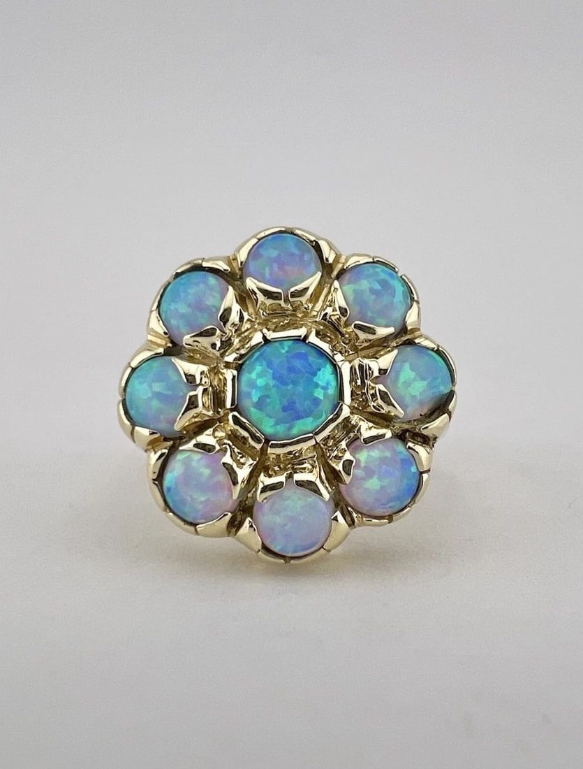 DESIGNER 14K YELLOW GOLD LAB FIRE OPAL CLUSTER ROUND FLOWER RING (1 of 2)