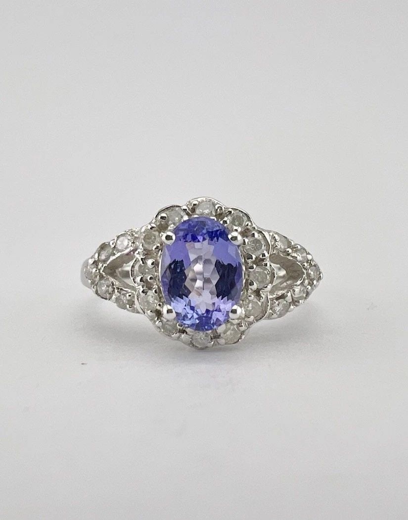 DESIGNER 14K WHITE GOLD OVAL TANZANITE & PAVE SET DIAMOND HALO RING (1 of 2)