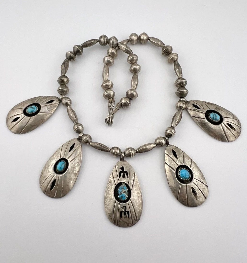 VTG NAVAJO STERLING SILVER TURQUOISE SHADOWBOX THUNDERBIRD COLLAR NECKLACE 15.5" (1 of 2)