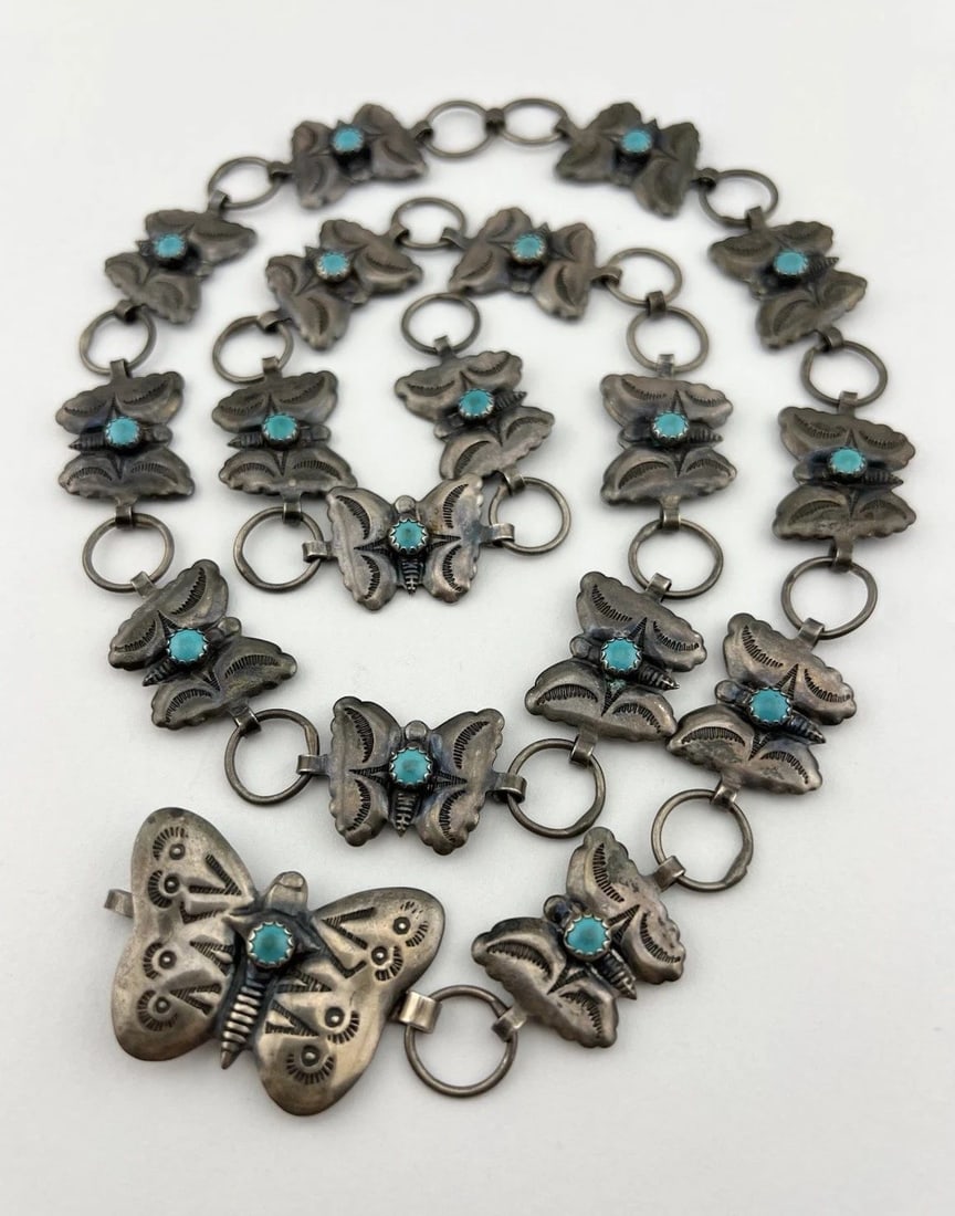 OLD FRED HARVEY NAVAJO STERLING SILVER TURQUOISE STAMPED BUTTERFLY CONCHO BELT: OLD FRED HARVEY NAVAJO STERLING SILVER TURQUOISE STAMPED BUTTERFLY CONCHO BELT Old Fred Harvey Navajo Sterling Silver Turquoise Stamped Butterfly Concho Belt Belt is 29" Long Tip To Tip Butterfly Buck