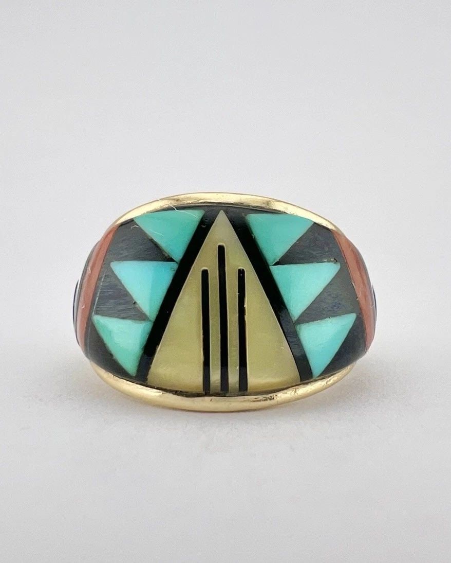 #2 DON & VIOLA ERIACHO ZUNI 14K YELLOW GOLD MULTI GEMSTONE FLUSH WOMEN'S RING (1 of 2)