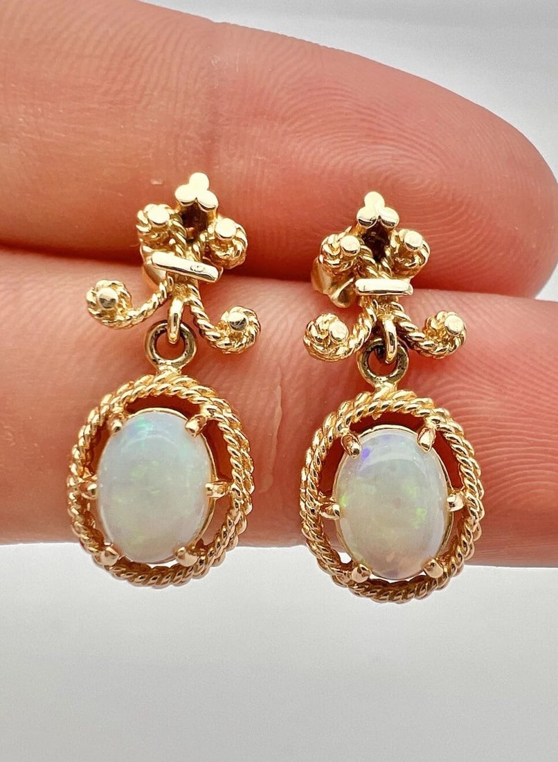 ANTIQUE ETRUSCAN 14K YELLOW GOLD AUSTRALIAN FIRE BOULDER OPAL DANGLE EARRINGS: ANTIQUE ETRUSCAN 14K YELLOW GOLD AUSTRALIAN FIRE BOULDER OPAL DANGLE EARRINGS Antique Etruscan 14k Yellow Gold Australian Fire Boulder Opal Dangle Earrings Size: About 1" Tall With Dangle by Just Unde