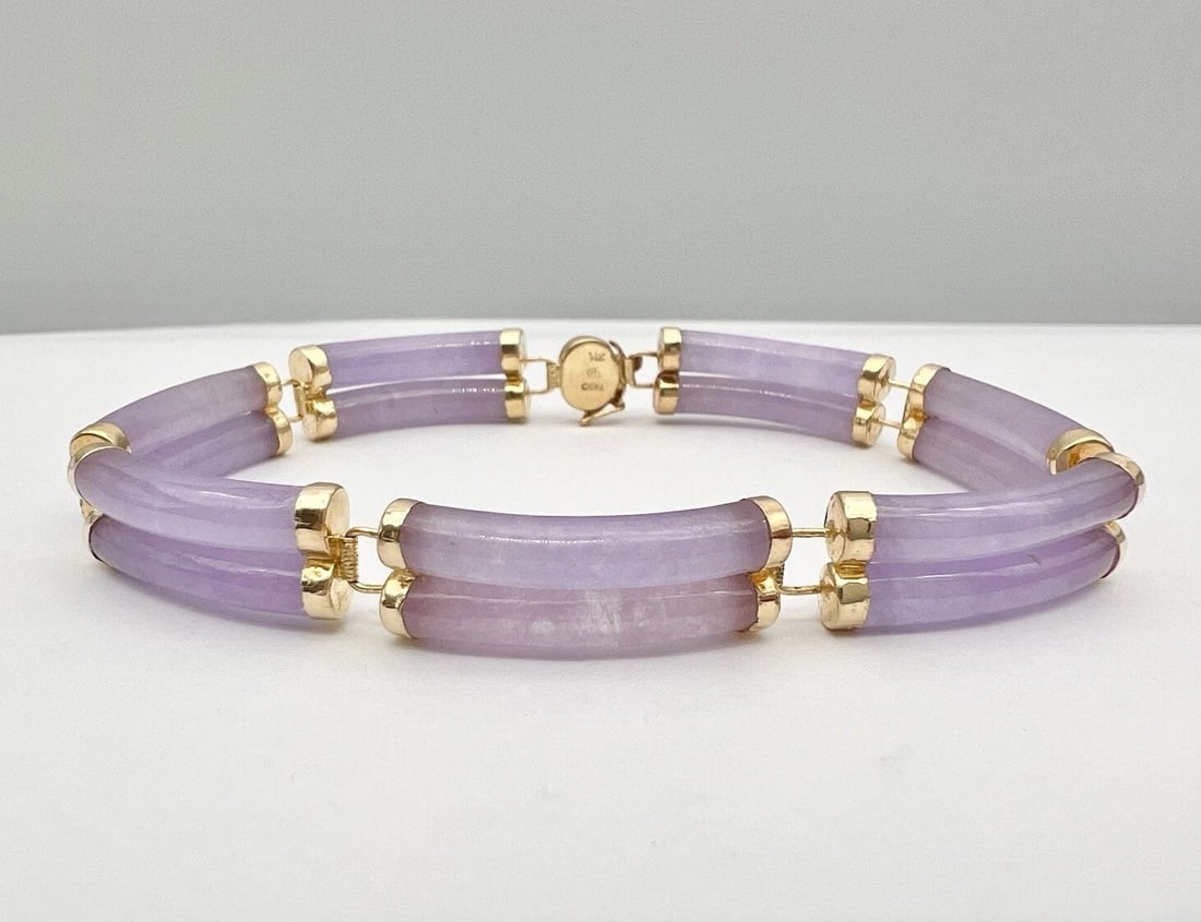 VTG 14K YELLOW GOLD & LAVENDER PURPLE JADE CYLINDER LINK BRACELET -23.5G (1 of 2)