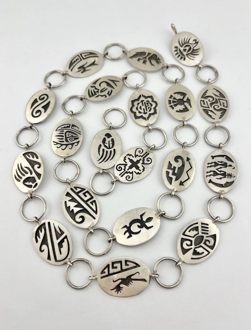 VINTAGE HOPI STERLING SILVER 19 SYMBOLS OVERLAY DETAILED CONCHO BELT 38"-122.5G: VINTAGE HOPI STERLING SILVER 19 SYMBOLS OVERLAY DETAILED CONCHO BELT 38"-122.5G Vintage Hopi Sterling Silver 19 Symbols Overlay Detailed Concho Belt 38"-122.5g Belt Size: 38" - Tip To Tip - Adjustable