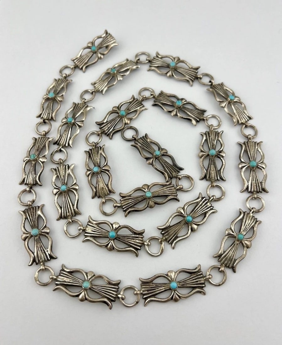 VTG NAVAJO SANDCAST STERLING SILVER TURQUOISE CONCHO LINK BELT 37.5" - 89.5G: VTG NAVAJO SANDCAST STERLING SILVER TURQUOISE CONCHO LINK BELT 37.5" - 89.5G Vtg Navajo Sandcast Sterling Silver Turquoise Concho Link Belt 37.5" - 89.5g Belt Size: 37.5" - Tip To Tip - Adjustable Dow