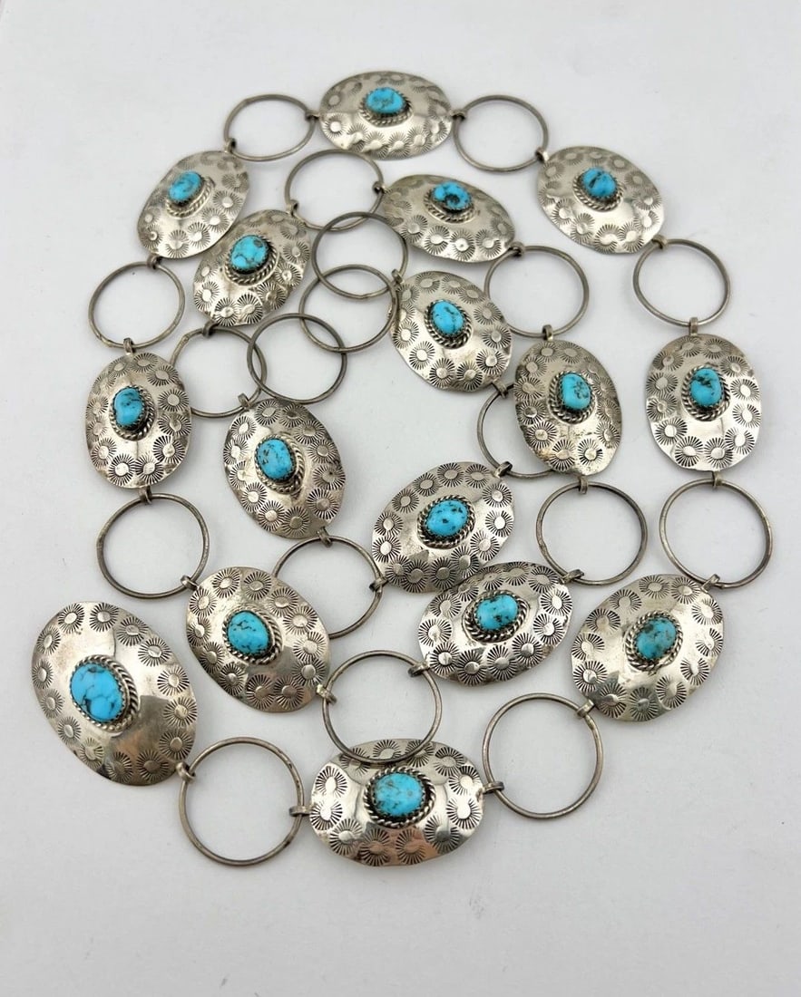 VINTAGE NAVAJO STERLING SILVER SLEEPING BEAUTY TURQUOISE STAMPED CONCHO BELT 41": VINTAGE NAVAJO STERLING SILVER SLEEPING BEAUTY TURQUOISE STAMPED CONCHO BELT 41" Vintage Navajo Sterling Silver Sleeping Beauty Turquoise Stamped Concho Belt 41" Belt Size: 41" - Tip To Tip Buckle Siz