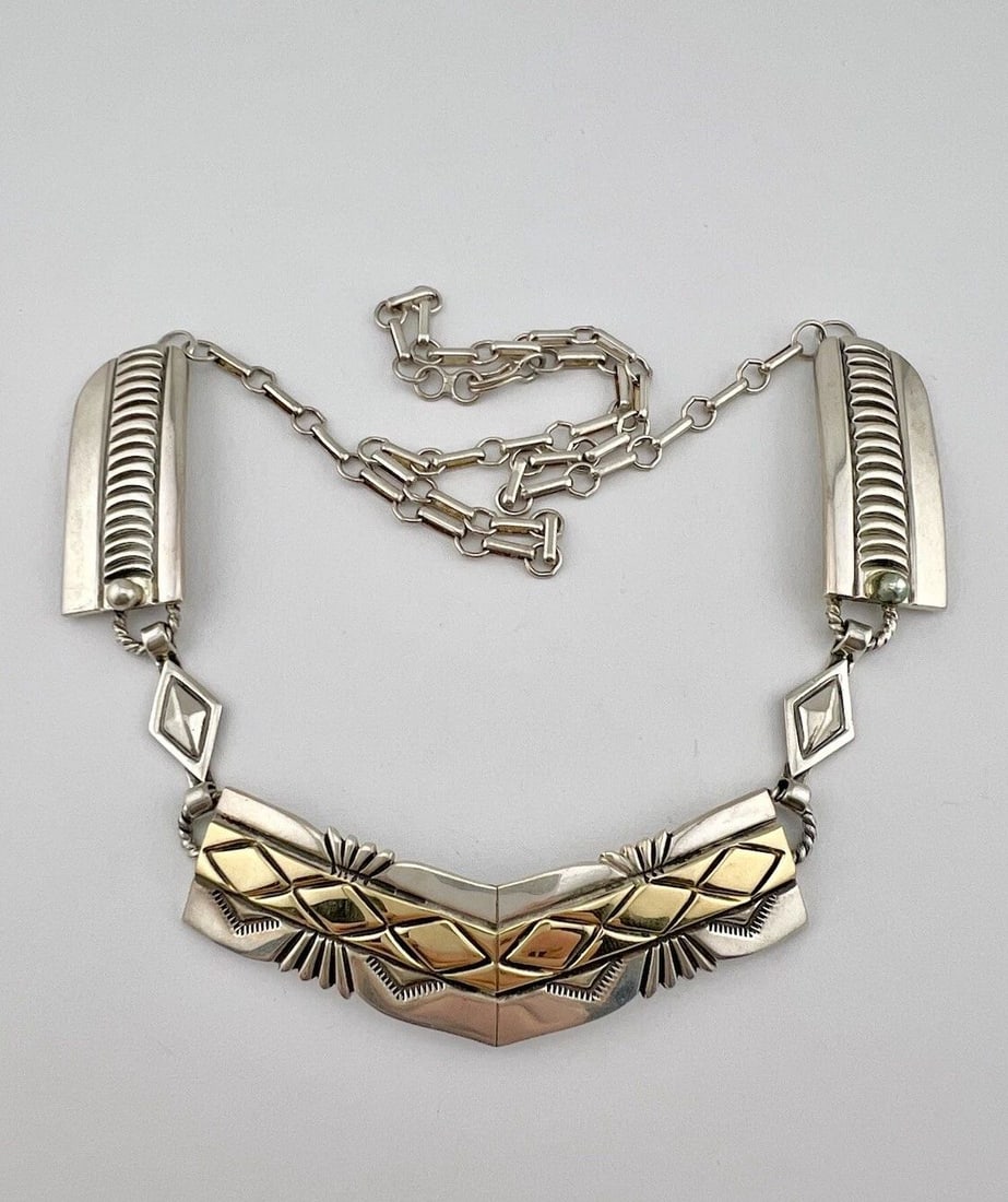 MIKE BEGAY NAVAJO STERLING SILVER & 14K GOLD STAMPED COLLAR DANGLE NECKLACE 21": MIKE BEGAY NAVAJO STERLING SILVER & 14K GOLD STAMPED COLLAR DANGLE NECKLACE 21" Mike Begay Navajo Sterling Silver & 14k Gold Stamped Collar Dangle Necklace 21" MEASUREMENTS: Necklace measures 21" tip 