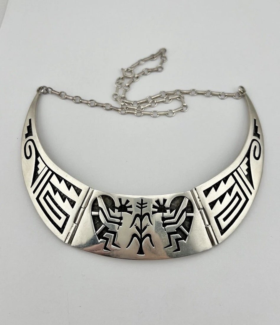 HUGE TONY KYASYOUSIE HOPI KOKOPELLI CORNSTALK SCENE OVERLAY BIB PANNEL NECKLACE: HUGE TONY KYASYOUSIE HOPI KOKOPELLI CORNSTALK SCENE OVERLAY BIB PANNEL NECKLACE HUGE Tony Kyasyousie Hopi Kokopelli Cornstalk Scene Overlay Bib Pannel Necklace Necklace Size: Around 19.5" Long Tip To 