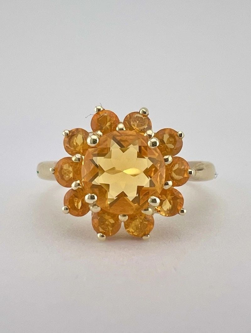 DESIGNER 14K YELLOW GOLD NATURAL MEXICAN FIRE OPAL CLUSTER HALO RING (1 of 2)