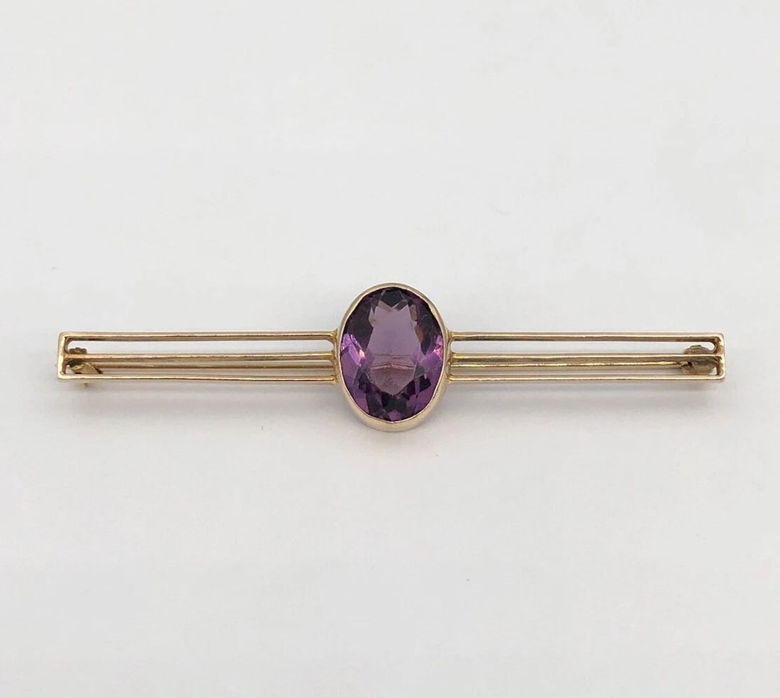 ANTIQUE 14KT YELLOW GOLD FRENCH CUT PURPLE AMETHYST BROOCH BAR PIN 2.5" - 5.5G (1 of 2)