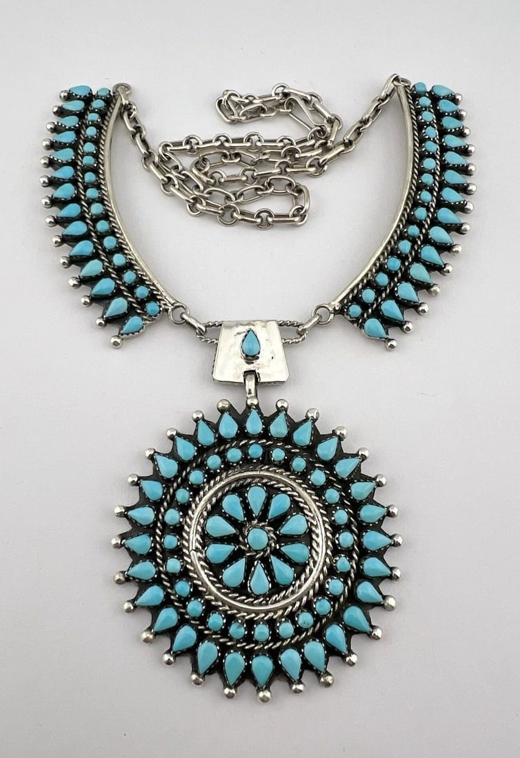 VTG BY NAVAJO STERLING SILVER NEEDLEPOINT TURQUOISE PANEL COLLAR NECKLACE 20.5" (1 of 2)