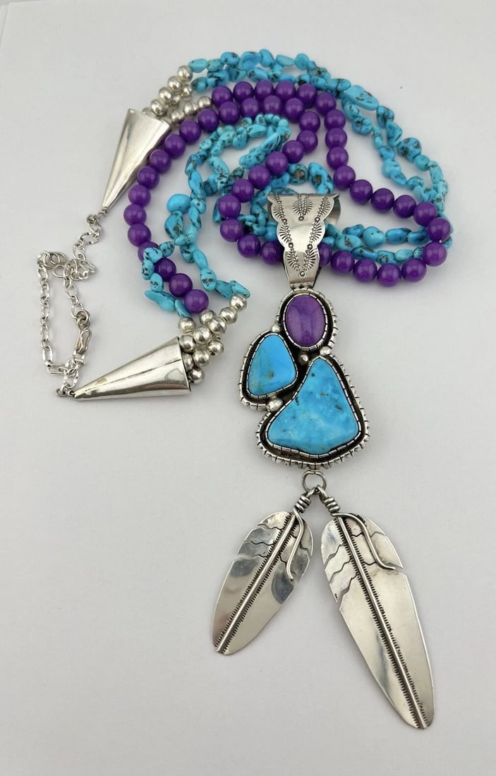 VTG RAY DELGARITO NAVAJO STERLING SILVER TURQUOISE & SUGILITE? NECKLACE PENDANT (1 of 2)