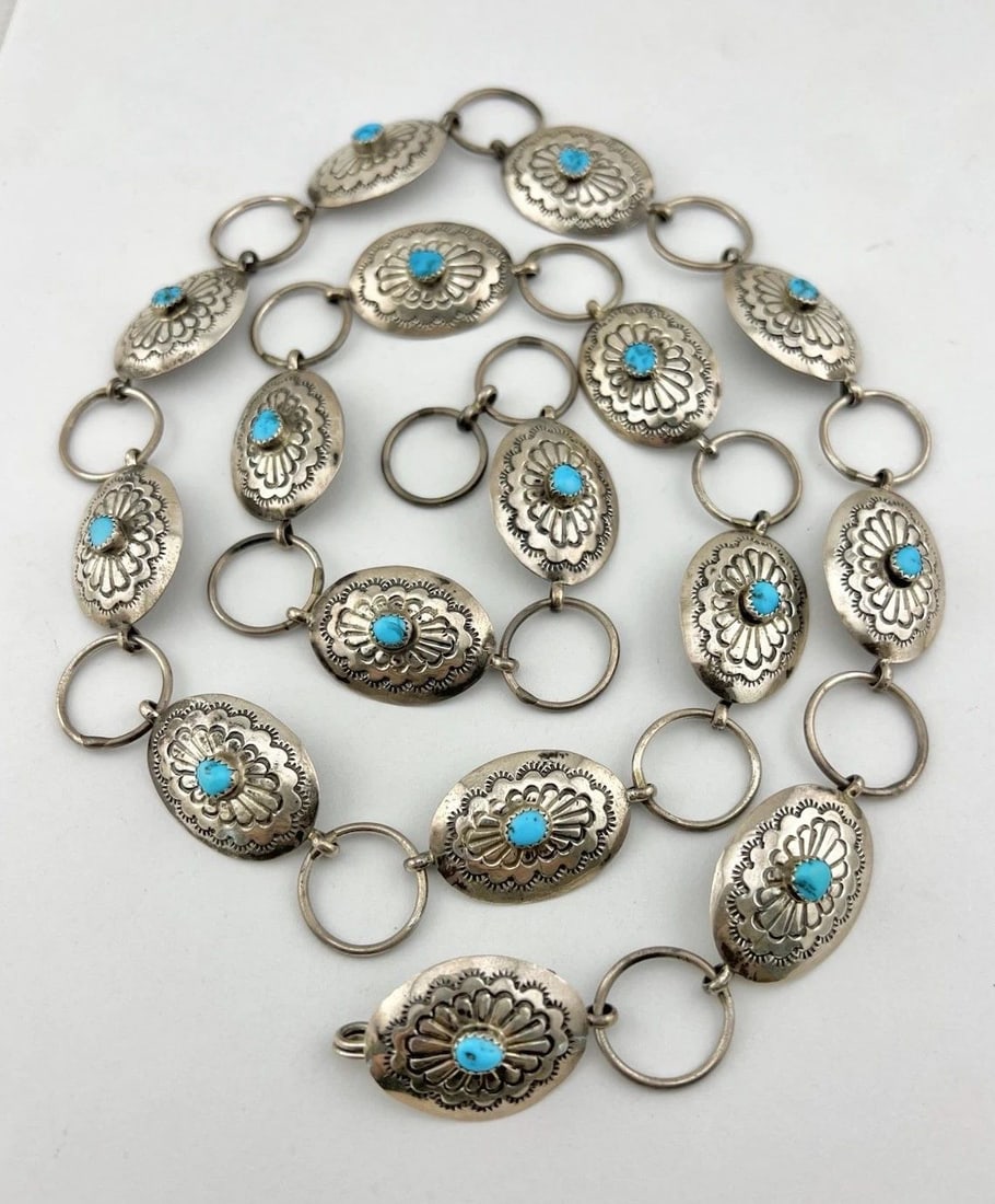 VTG NAVAJO STERLING SILVER SLEEPING BEAUTY TURQUOISE STAMPED CONCHO BELT 36" (1 of 2)