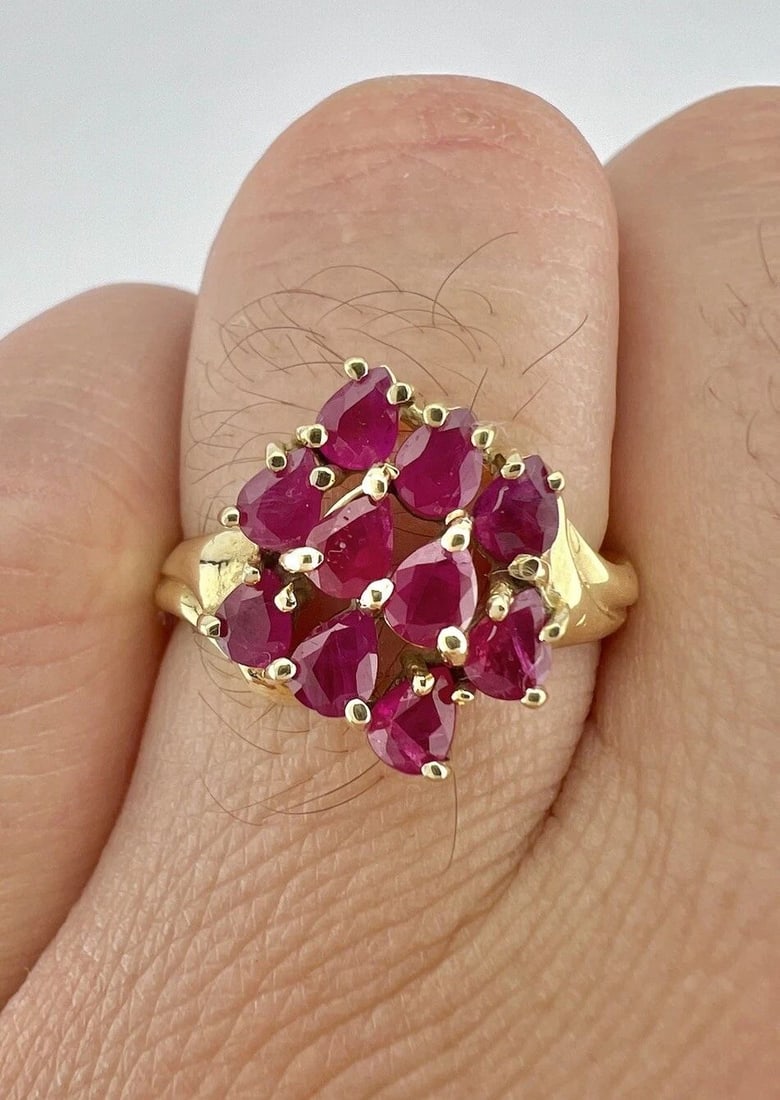 DESIGNER 10K YELLOW GOLD NATURAL PEAR SHAPED RUBY CLUSTER RING (1 of 2)