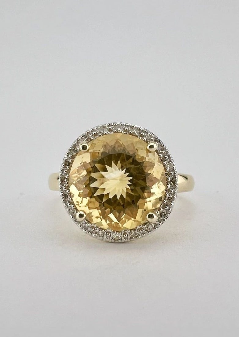 DESIGNER 14K YELLOW GOLD NATURAL ROUND LEMON CITRINE & DIAMOND HALO BAND RING (1 of 2)
