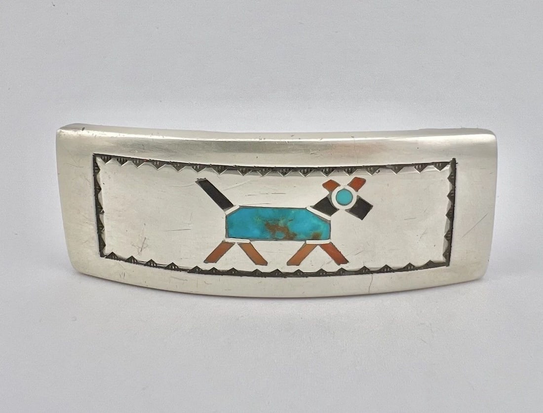 1940'S ZUNI NAVAJO STERLING SILVER FLUSH INLAY STAMPED DOG HORSE BELT BUCKLE 3" (1 of 2)