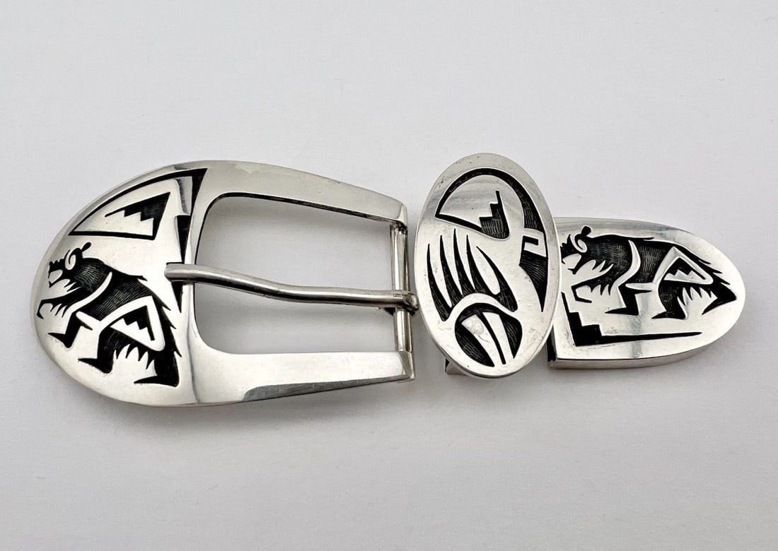 VTG MITCHELL SOCKYMA HOPI STERLING SILVER BEAR OVERLAY 3PC RANGER BELT BUCKLE (1 of 2)