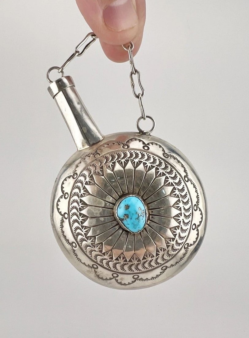 VTG NAVAJO STERLING SILVER STAMPED TURQUOISE TOBACCO FLASK CANTEEN 46G - 3.5" (1 of 2)