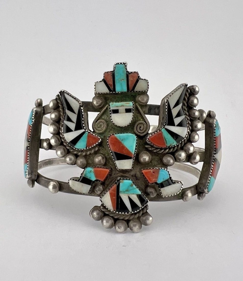 EARLY ZUNI KNIFEWING MULTI GEMSTONE FLUSH INLAY WIDE CUFF BRACELET: EARLY ZUNI KNIFEWING MULTI GEMSTONE FLUSH INLAY WIDE CUFF BRACELET Early Zuni Knifewing Multi Gemstone Flush Inlay Wide Cuff Bracelet Cuff is Just Under 5 3/4" tip to Tip and has a 1 1/8" Wide Adjusta