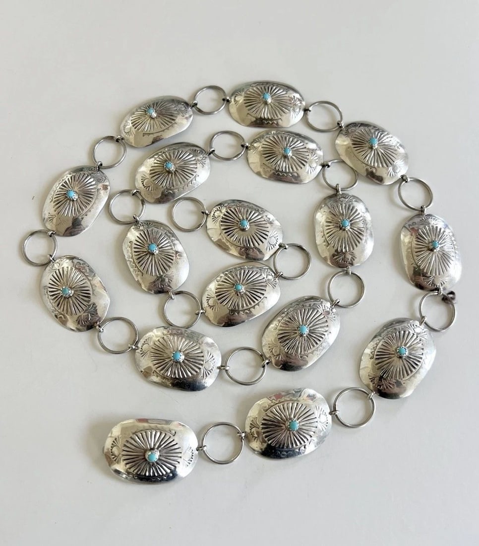 VTG NAVAJO STERLING SILVER SLEEPING BEAUTY TURQUOISE STAMPED CONCHO BELT 36": VTG NAVAJO STERLING SILVER SLEEPING BEAUTY TURQUOISE STAMPED CONCHO BELT 36" Vtg Navajo Sterling Silver Sleeping Beauty Turquoise Stamped Concho Belt 36" Belt Size: Around 36" - Tip To Tip Buckle & Co