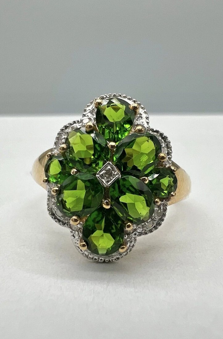 DESIGNER 14K YELLOW GOLD NATURAL CHROME DIOPSIDE & DIAMOND FLOWER RING (1 of 2)