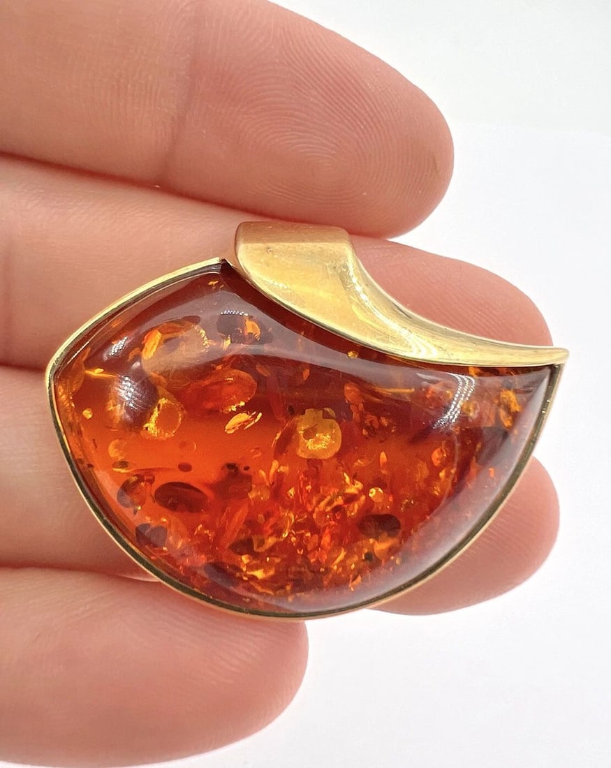 VTG MODERNIST RUSSIAN RUSSIA USSR 14K YELLOW GOLD BALTIC HONEY AMBER PIN BROOCH (1 of 2)