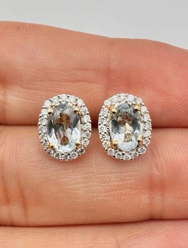 DESIGNER 14K YELLOW GOLD 1.28TCW NATURAL AQUAMARINE & DIAMOND HALO STUD EARRINGS (1 of 2)