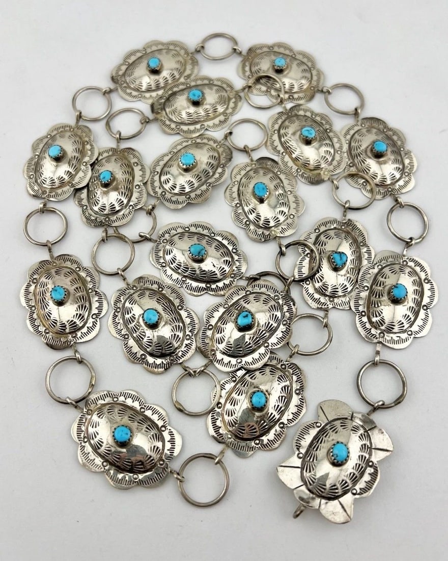 VTG NAVAJO STERLING SILVER SLEEPING BEAUTY TURQUOISE STAMPED CONCHO BELT 38.5": VTG NAVAJO STERLING SILVER SLEEPING BEAUTY TURQUOISE STAMPED CONCHO BELT 38.5" Vtg Navajo Sterling Silver Sleeping Beauty Turquoise Stamped Concho Belt 38.5" Belt Size: 38.5" - Tip To Tip Buckle Size:
