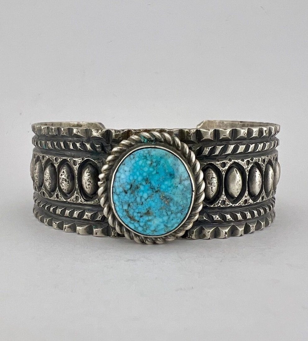 STEWART BILLIE NAVAJO TUFA CAST STERLING SILVER TURQUOISE CUFF BRACELET 60.5G (1 of 2)