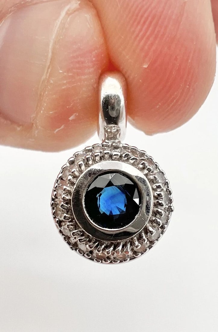 BITA BY EFFY 14K WHITE GOLD NATURAL ROUND BLUE SAPPHIRE & DIAMOND HALO PENDANT: BITA BY EFFY 14K WHITE GOLD NATURAL ROUND BLUE SAPPHIRE & DIAMOND HALO PENDANT Bita by Effy 14k White Gold Natural Round Blue Sapphire & Diamond Halo Pendant Size: 3/4" Tall With bail By About 1/2" Wi