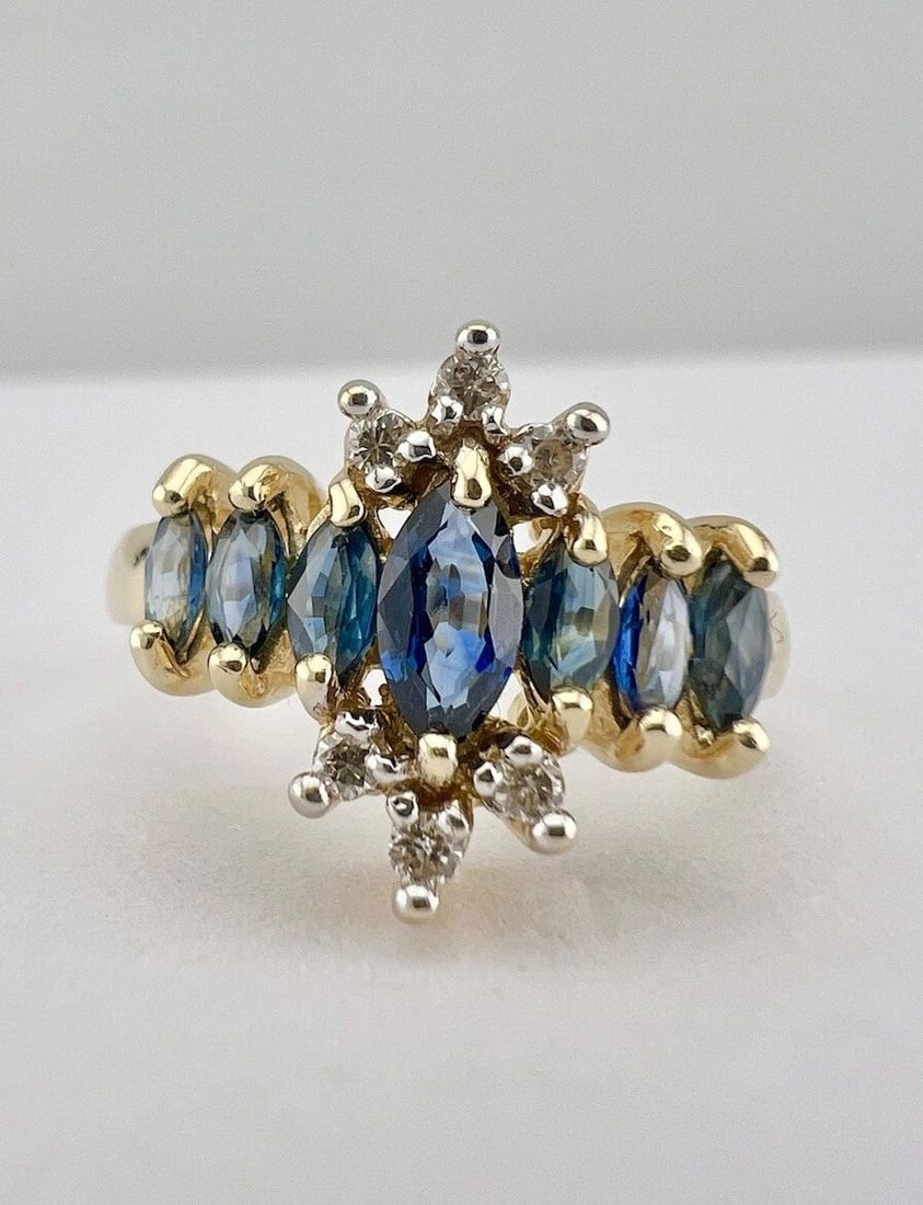 DESIGNER 14K YELLOW GOLD MARQUISE CUT BLUE SAPPHIRE & DIAMOND RING (1 of 2)