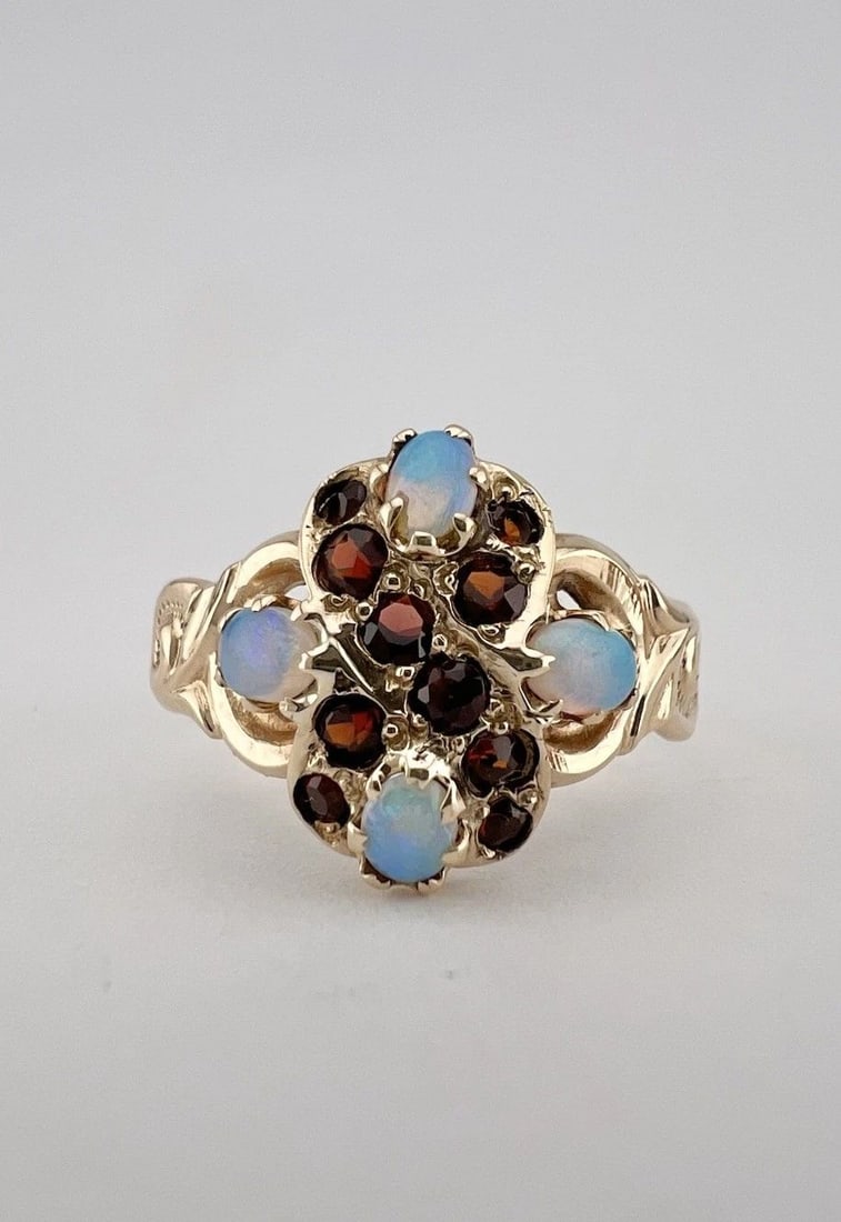 ANTIQUE ART NOUVEAU 10K ROSE GOLD FIRE OPAL & BOHEMIAN GARNET FLORAL RING (1 of 2)