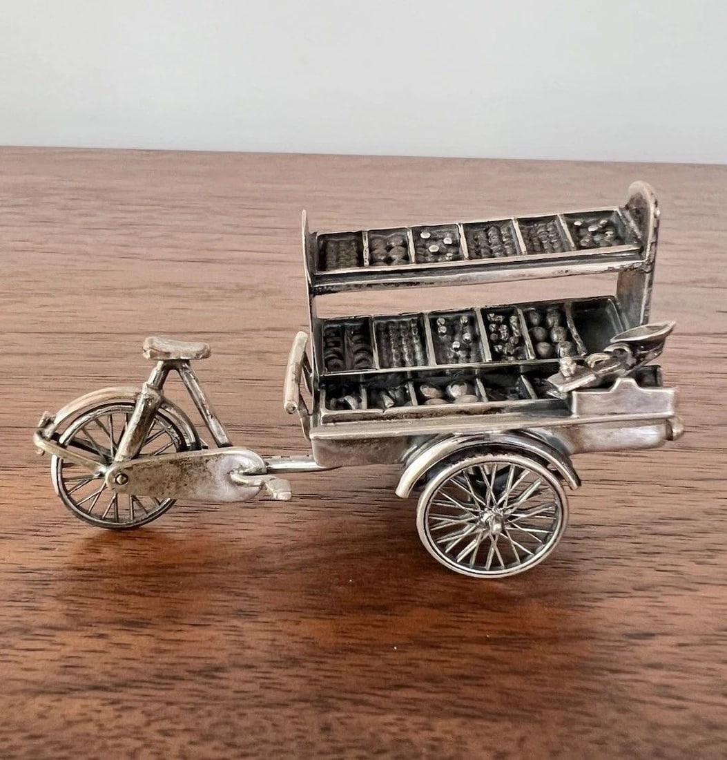 ANTIQUE STERLING SILVER MINIATURE DOLLHOUSE 3D FRUIT STAND ON BICYCLE SCULPTURE (1 of 2)