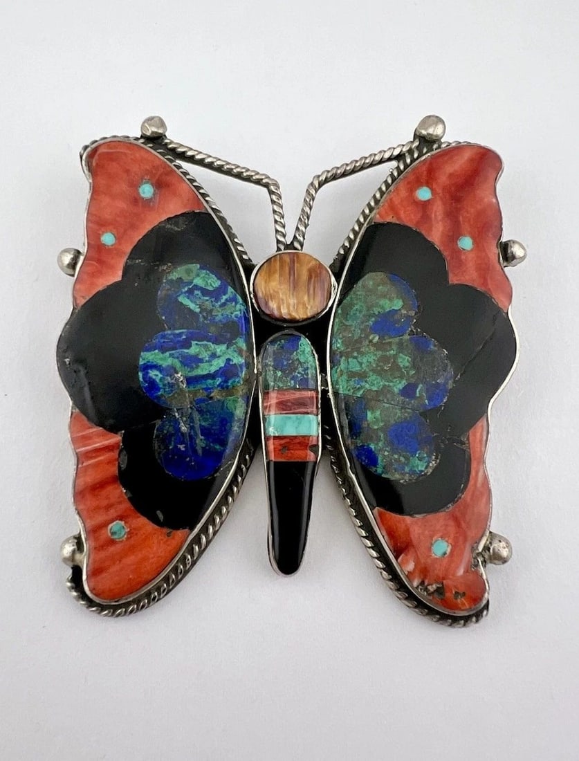 MASSIVE VTG NAVAJO STERLING SILVER MULTI GEM BUTTERFLY PIN BROOCH 2 5/8"-41.5G: MASSIVE VTG NAVAJO STERLING SILVER MULTI GEM BUTTERFLY PIN BROOCH 2 5/8"-41.5G MASSIVE Vtg Navajo Sterling Silver Multi Gem Butterfly Pin Brooch 2 5/8"-41.5g Size: 2 1/2" Wide by 2 5/8" Tall Weight is