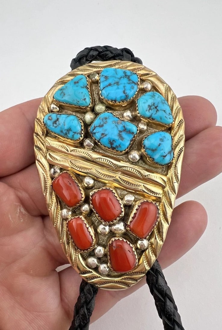 NAVAJO STERLING SILVER GOLD FILLED SLEEPING BEATY TURQUOISE & CORAL BOLO TIE 3": NAVAJO STERLING SILVER GOLD FILLED SLEEPING BEATY TURQUOISE & CORAL BOLO TIE 3" Vtg Navajo Sterling Silver Gold Filled Sleeping Beaty Turquoise & Coral Bolo Tie 3" Size: 3" Tall by 2" Wide at the top 