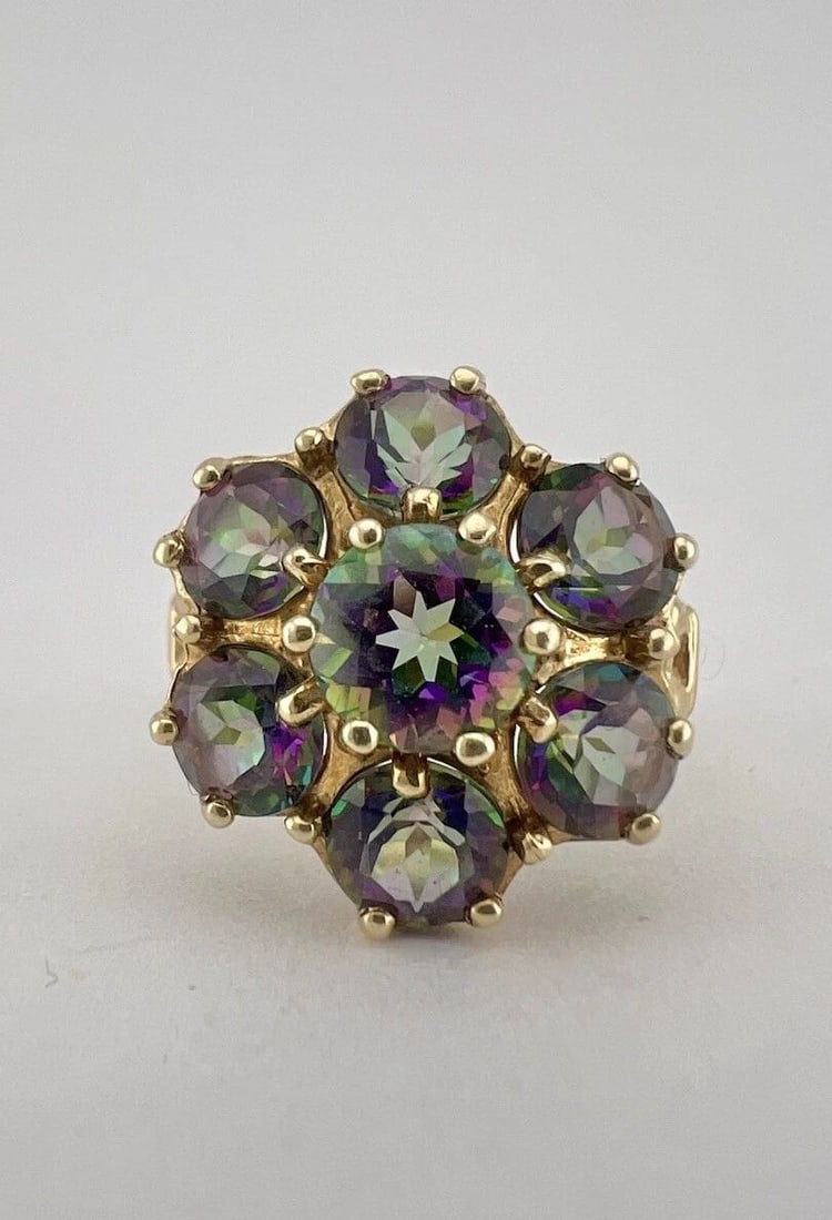 DESIGNER 10K YELLOW GOLD MYSTIC TOPAZ CLUSTER FLOWER ENGRAVED RING (1 of 2)