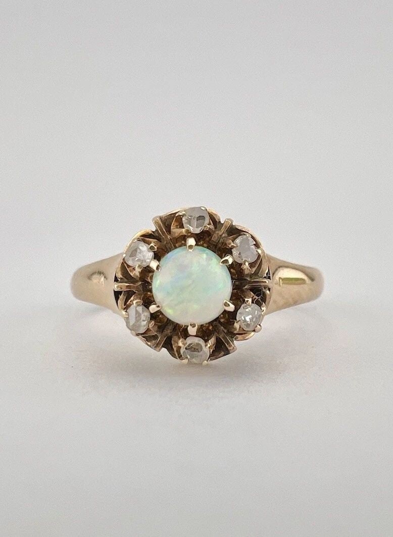 ANTIQUE VICTORIAN 14K ROSE GOLD FIRE OPAL & ROSE CUT DIAMONDS CLAW SET HALO RING (1 of 2)