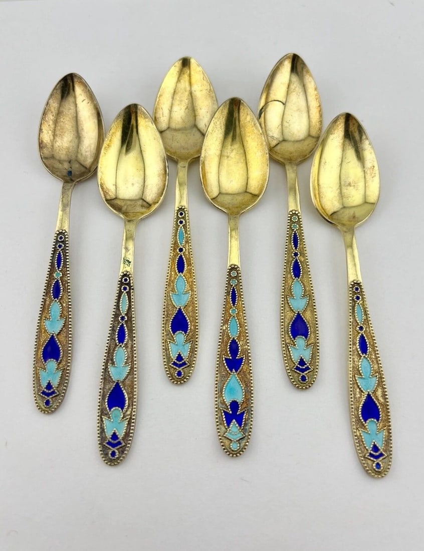 (6) VINTAGE RUSSIAN SOVIET 875 GILT GOLD SILVER MULTI COLOR ENAMEL SPOONS 91G (1 of 2)