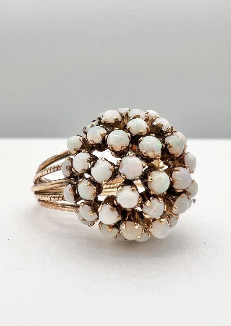ANTIQUE 14K YELLOW GOLD NATURAL AUSTRALIAN FIRE OPAL DISCO BALL CLUSTER RING (1 of 2)