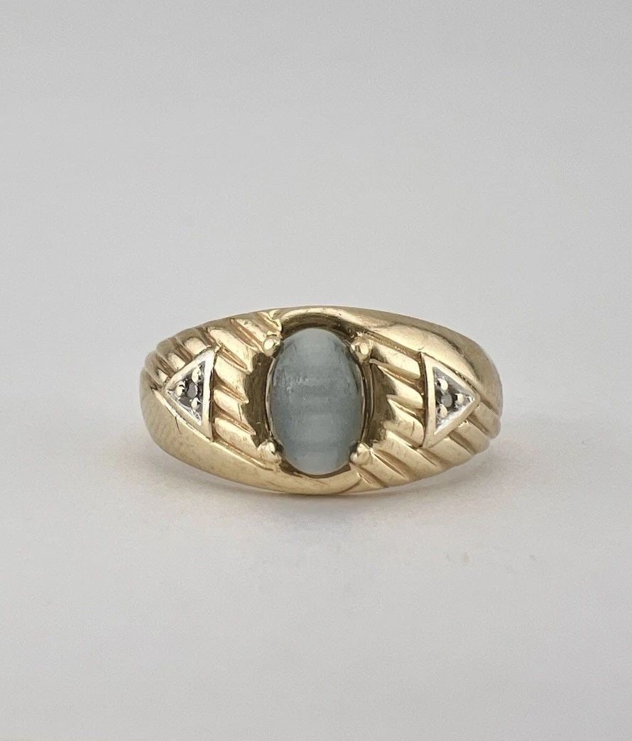 VINTAGE 14K YELLOW GOLD CABOCHON BLACK STAR SAPPHIRE & DIAMOND MEN'S RING (1 of 2)