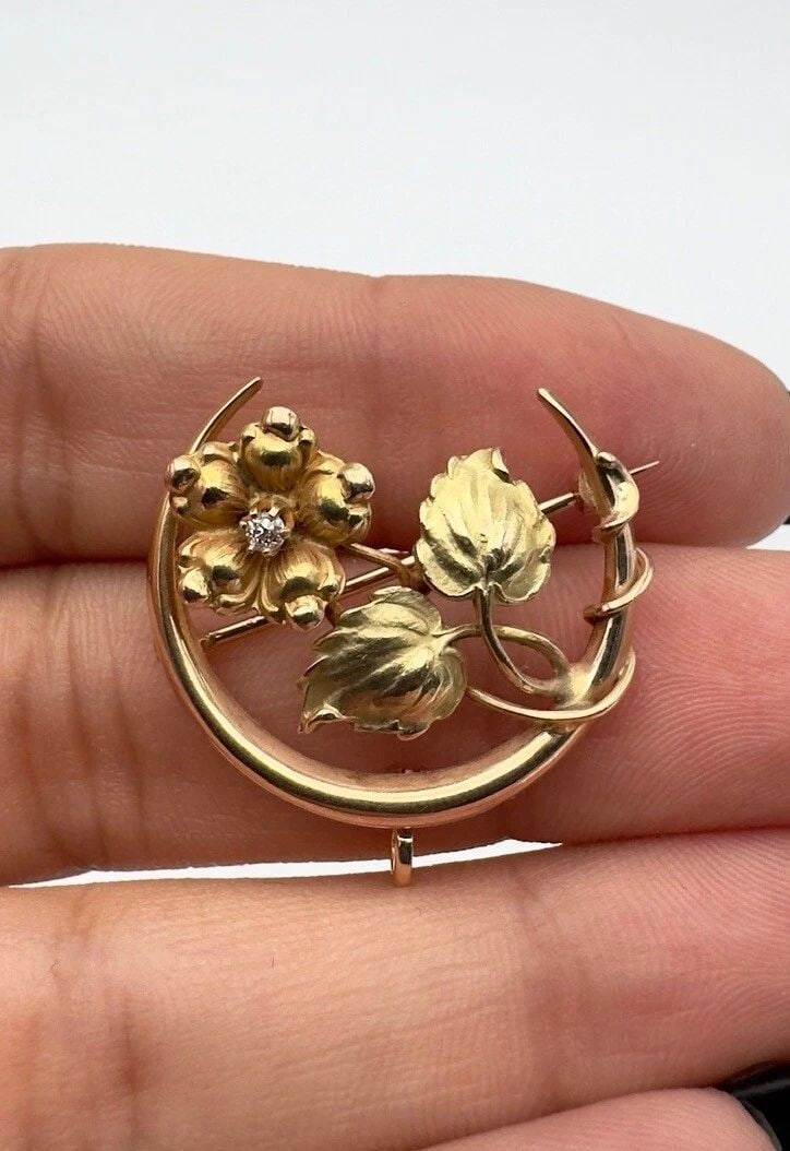 ANTIQUE VICTORIAN 14K YELLOW GOLD DIAMOND FLOWER CRESCENT MOON BROOCH PENDANT (1 of 2)