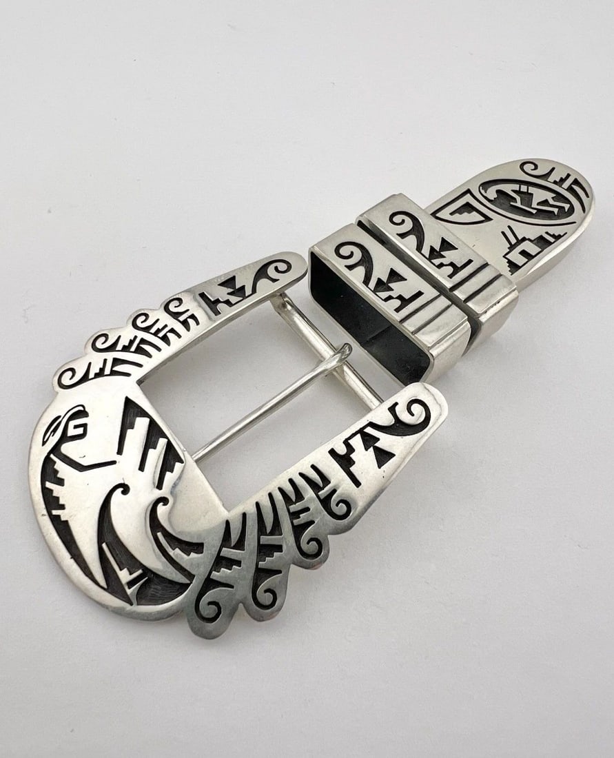 VTG MARCUS COOCHWYKVIA HOPI STERLING SILVER OVERLAY 4PC RANGER BELT BUCKLE 62.3G (1 of 2)
