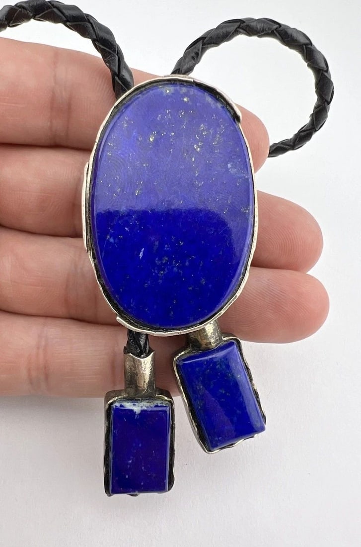 VTG NAVAJO STERLING SILVER NATURAL LAPIS LAZULI HANDMADE BOLO TIE 1 7/8"-68.1G (1 of 2)