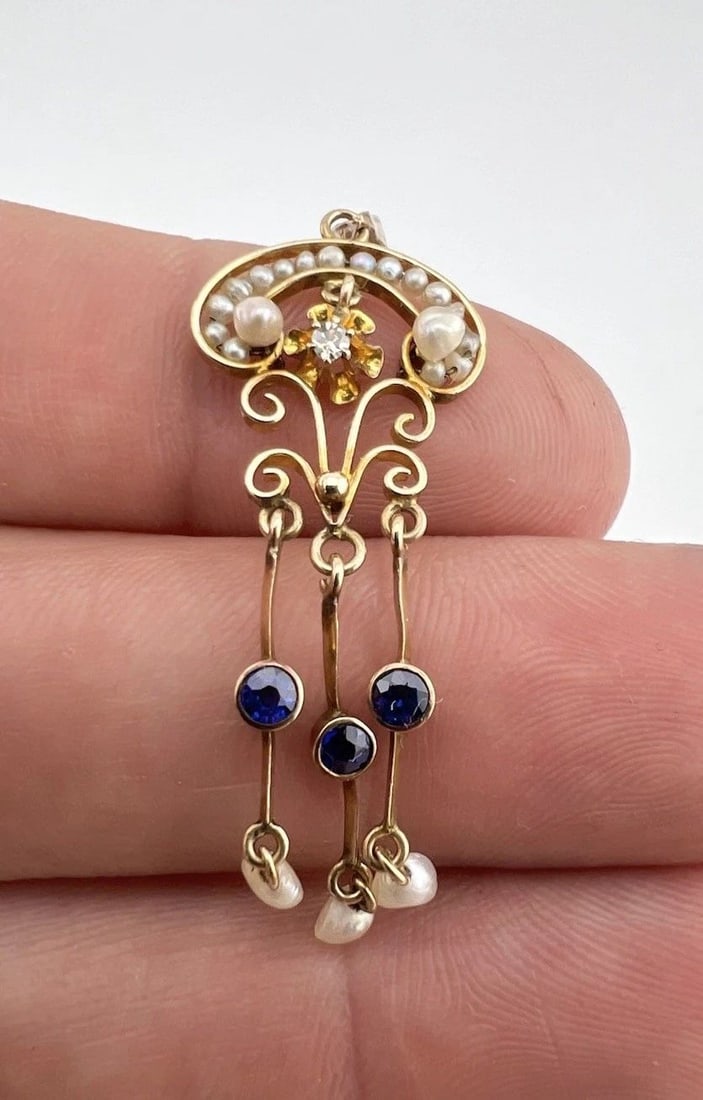 VICTORIAN 14K GOLD OLD CUT DIAMOND & SEED PEARL & SAPPHIRE LAVALIER PENDANT 2" (1 of 2)
