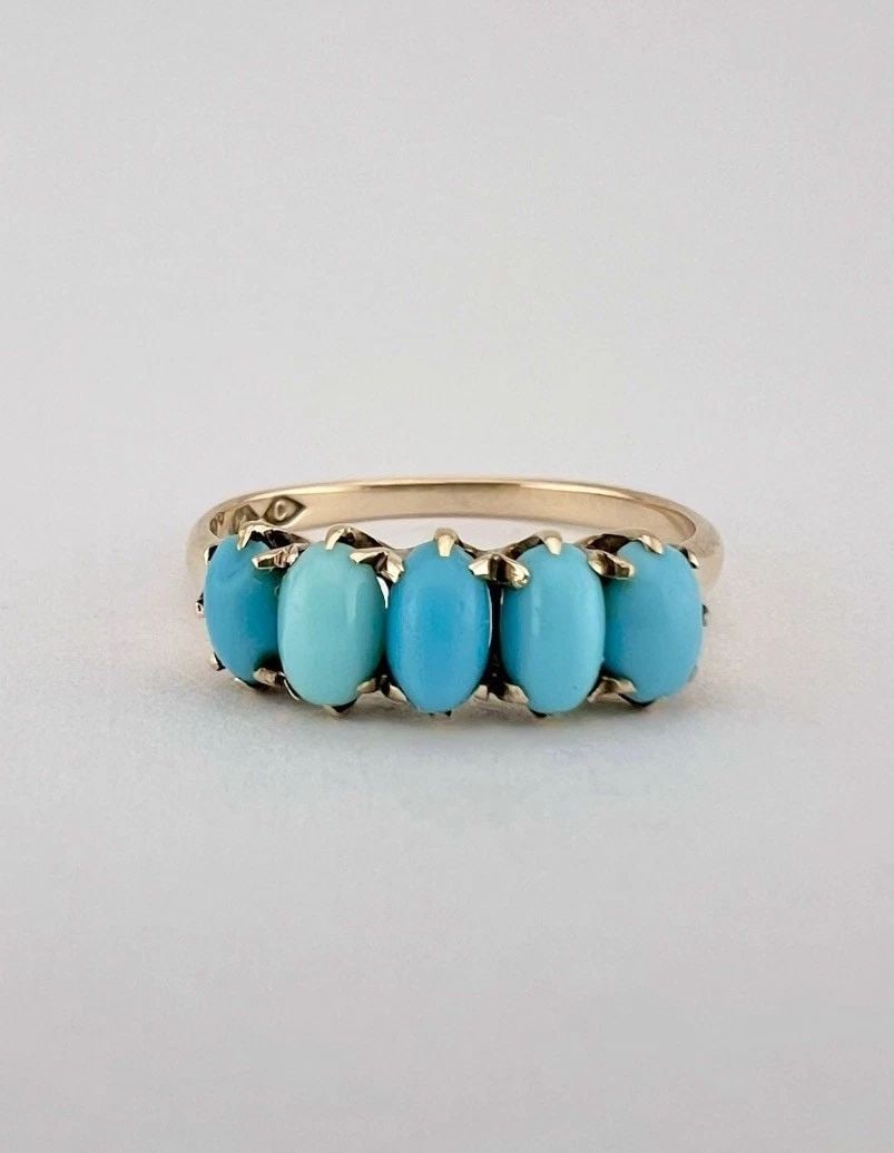 ANTIQUE EUROPEAN VICTORIAN 14K ROSE GOLD PERSIAN TURQUOISE CLAW SET 5 STONE RING (1 of 2)