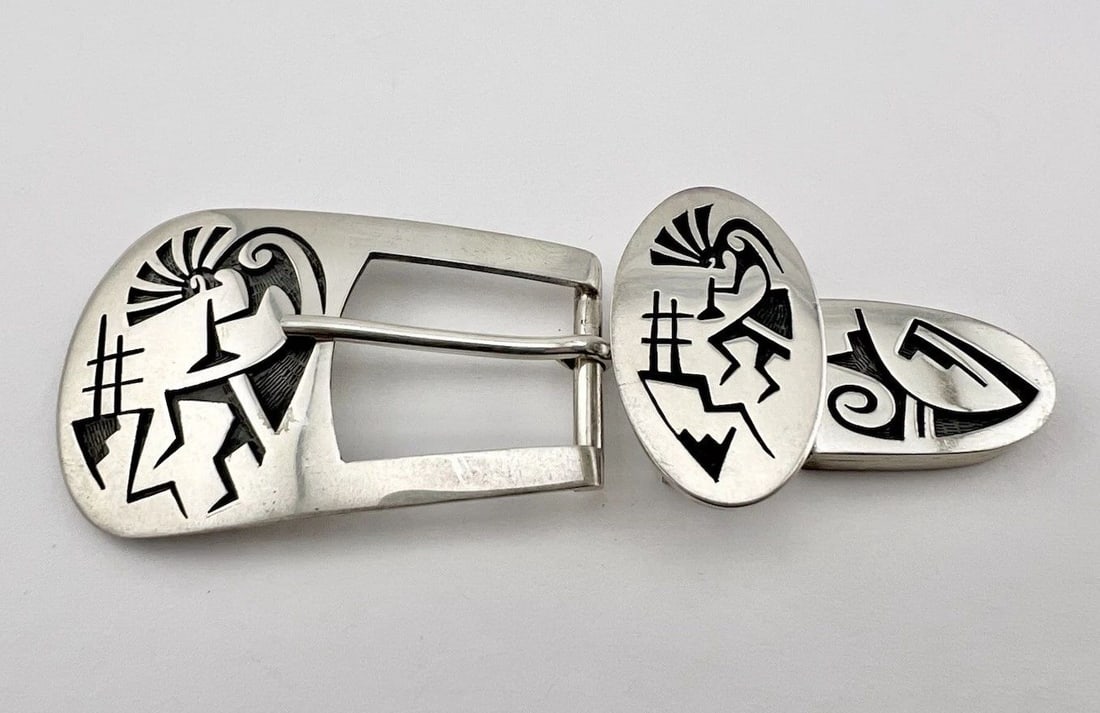 MITCHELL SOCKYMA HOPI STERLING SILVER KOKOPELLI OVERLAY 3PC RANGER BELT BUCKLE (1 of 2)